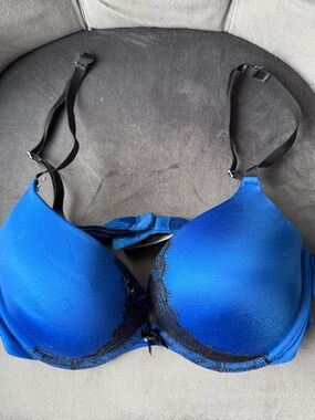 Frederick's of Hollywood Electric Blue Bra with Black Lace Trim